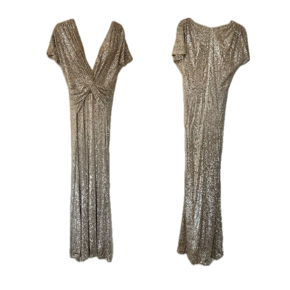 Metallic Sequin NWT Evening Gown - Low V Neck with Flap Sleeves - Picture 7 of 17